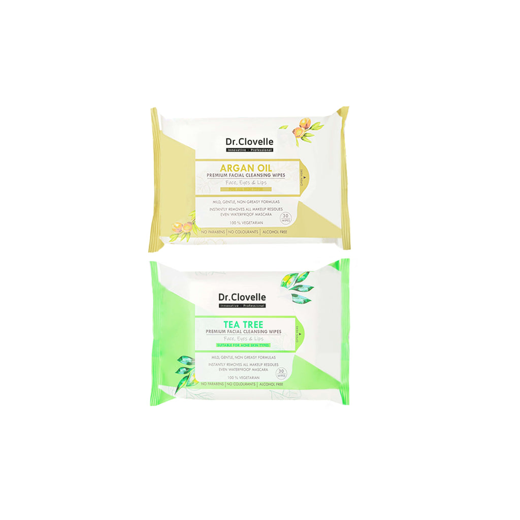 Dr.Clovelle Premium Facial Cleansing Wipes - Argan Oil x 1 + Tea Tree x 1